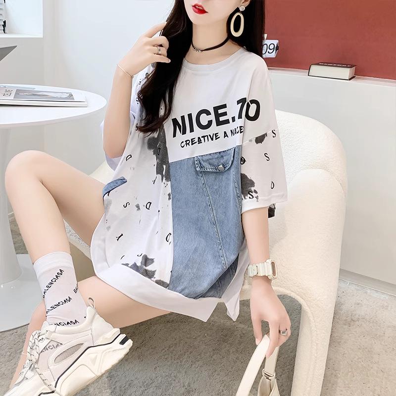 Women's Mid-Length 2025 Denim Patchwork Cotton T-Shirt - Plus Size, Short Sleeve, Round Neck for Summer
