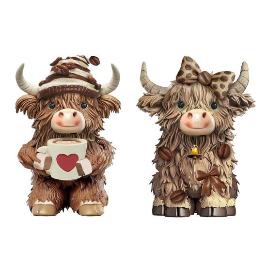 1/2Pcs Coffee Theme Highland Cattle Statue Coffee Mug Highland Cow Resin Figurine Sculpture Home Office