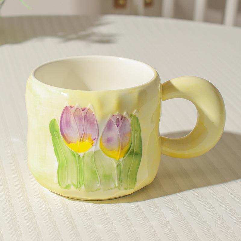 High Value Ins Style Tulip Cup for Girls Cute Ceramic Mug with Lid Spoon Couple Home Coffee Cup