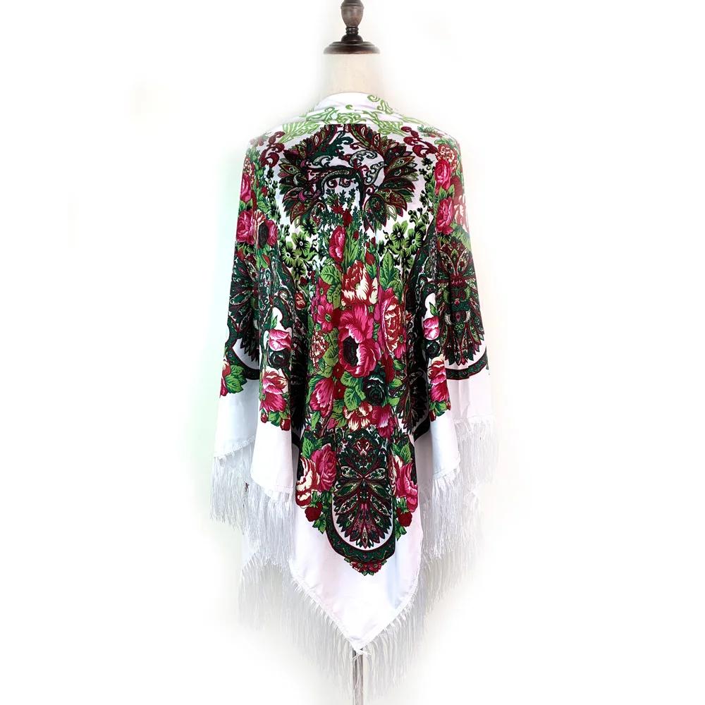 160*160cm Luxury Flower Print Russian Square Scarf Women Traditional Ukrainian Shawl Ethnic Fringed Bandana Babushka Head Wraps