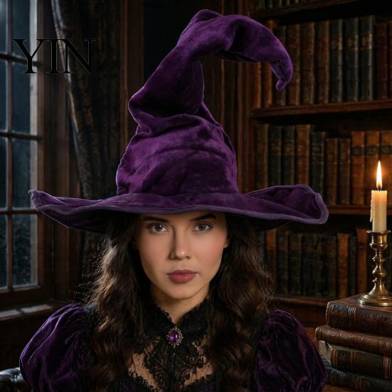 Decorative Hat for Holiday Events Witch Women, Large Ruched Velvet Wizard Comfortable Role Play Halloween Party, Cosplay Costume, Stage Performance