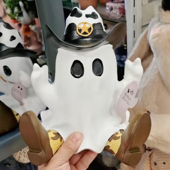 Halloween Cowboy Ghost Statue Resin Ghost Figurine in Cowboy Boots Hat Tabletop Ghost Decoration for Home Party Centerpiece Mantel