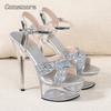 Women's Glitter Platform Stiletto Sandals Cross Strap Ankle Buckle Shoes Sexy Party Evening Heels Fashion Dressy Sandals Silver