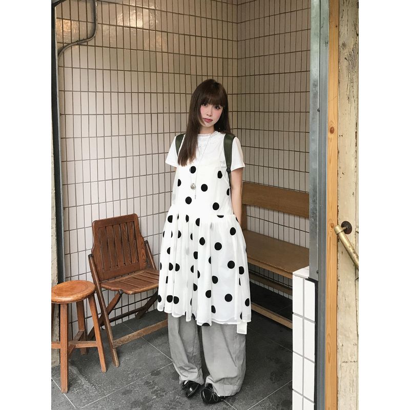 

Angela Studio Pleat Lace Collar Shoulder Short sleeve T-shirt White Mesh Waist Hugging Polka Dot Dress Women White Lace Top M