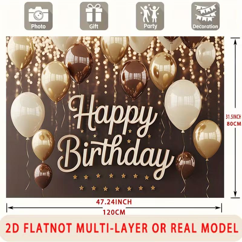 

2D Neutral Gold Brown Birthday Backdrop Beige Balloon Glitter Photo Booth Background Banner 47.2x31.5inch/120*80cm