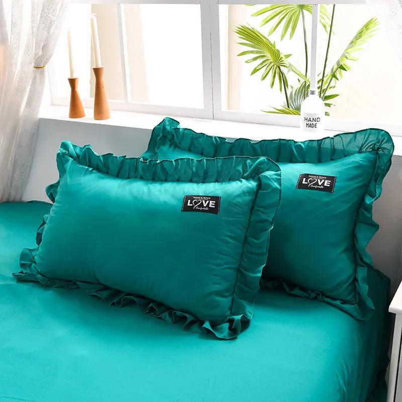 Korean Version of Solid Color Washed Cotton Pillowcase Stitching Lotus Leaf Lace Pillowcase 48*74cm A Pair of Large Pillowcases