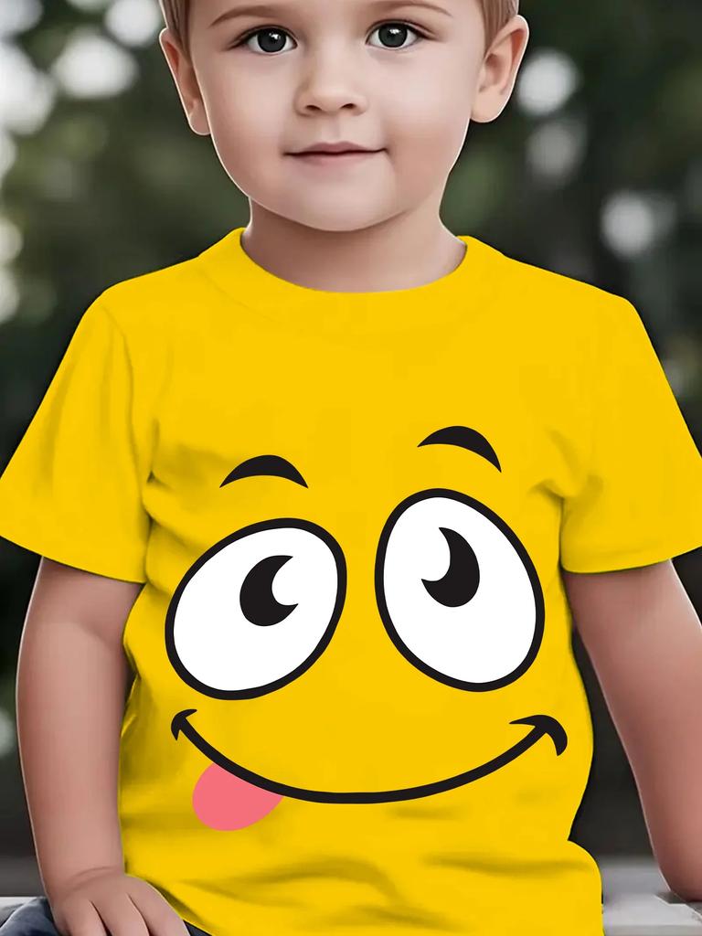 Cute Big Eyes Smiley Face Sticking Tongue Graphic Short Sleeve Tee Funny Cartoon Expression Print Casual Top For Toddler Kids