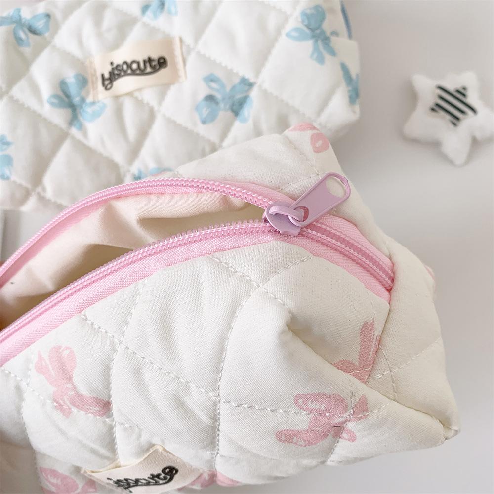 INS Style Korean Cream Bow Cosmetic Bag Sweet Style Student Large Capacity Makeup Tool Buggy Bag Portable Pencil Stationery Case