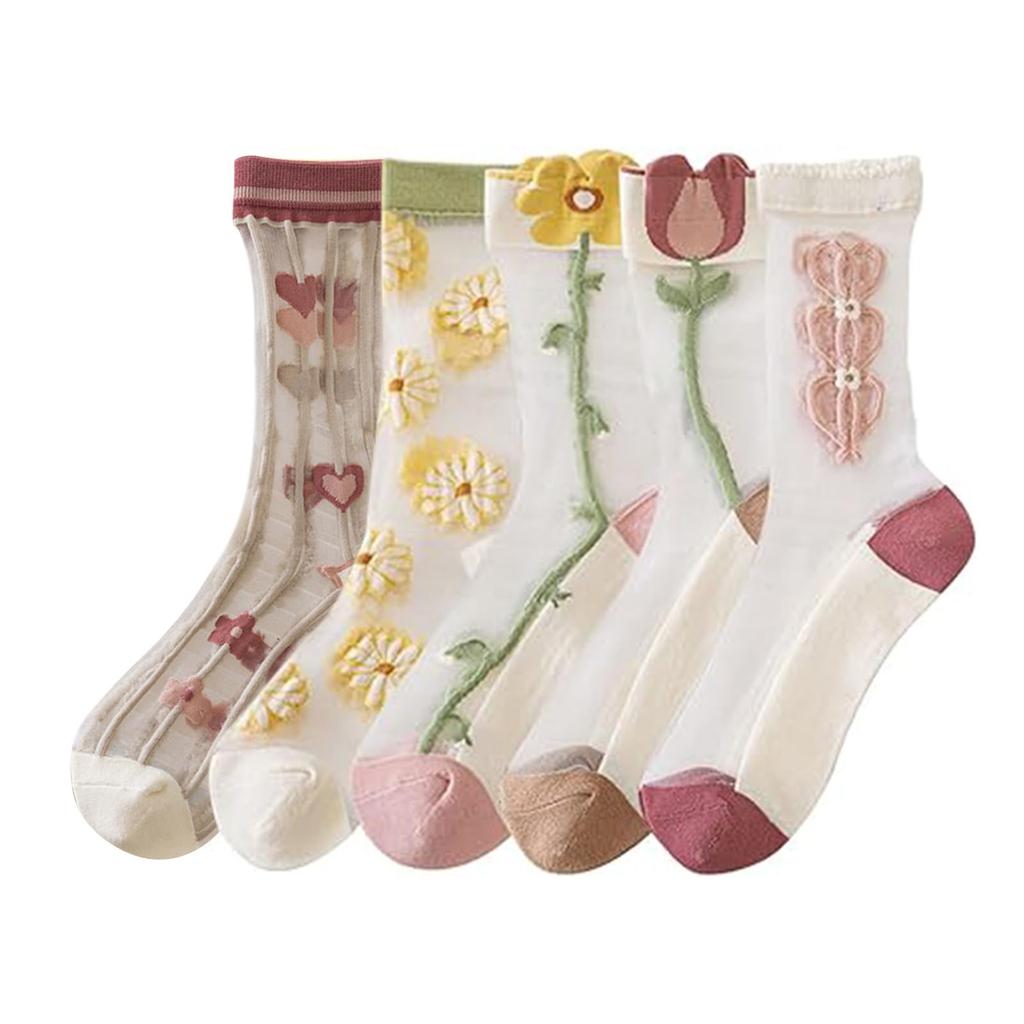 Crew Cute Floral Cotton Sizes Y Women's Socks, 5-Pair Set, Print, Odor-Resistant, Sweat-Wicking, Medium-Thick Socks, Breathable, Stylish, 22-25cm,