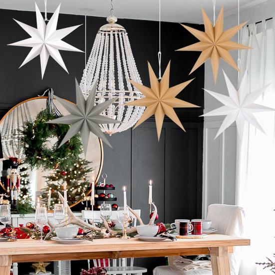 5Pcs Star Lanterns 12-Inch Paper Christmas Ornaments 9 Pointed Hanging Lamp Lampshades Vintage Farmhouse