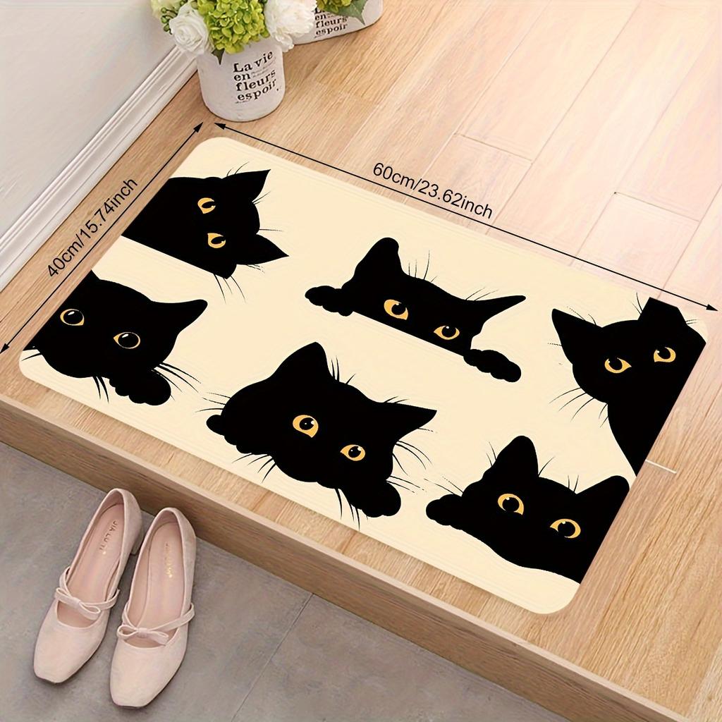 1 non-slip polyester doormat with black cats print - stain resistant, lightweight, dry cleanable for entryway, kitchen