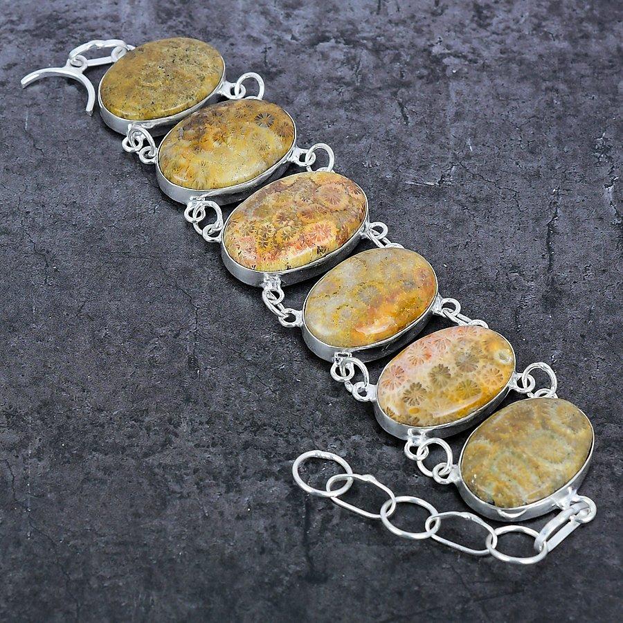 Fossil Coral Ethnic 925 Sterling Silver Bracelet7-8" w0G29