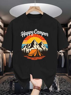 Unisex Crew Neck Tee Happy Camper Camp Mountain Retro Art Print Soft Cotton Loose Short Sleeve Summer Casual Male Streetwear Tops