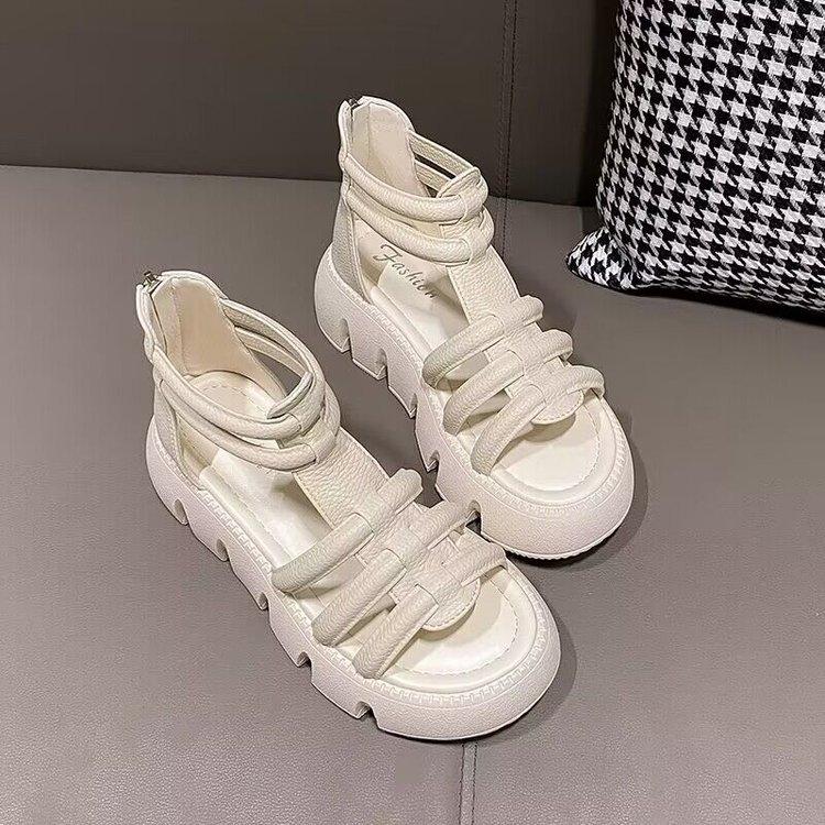 2025 Korean Tide Muffin Thick-soled Thin-ribbon Sandals Summer with Skirt Roman Leather Sandals Women's Zipper Open-toe