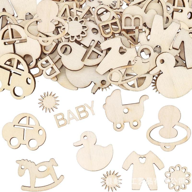 100Pcs Mini Laser Cuts Wood Shape Baby Pram Rocking Horse Pacifier for Home Party Decoration Craft Project