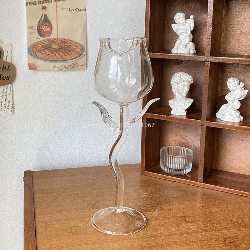 1/2PCS 150ml 5oz Clear Rose Shape Wine Glass with Clear Leaves Cocktail Glass Stemware Gift for Lovers Wedding Table Decor