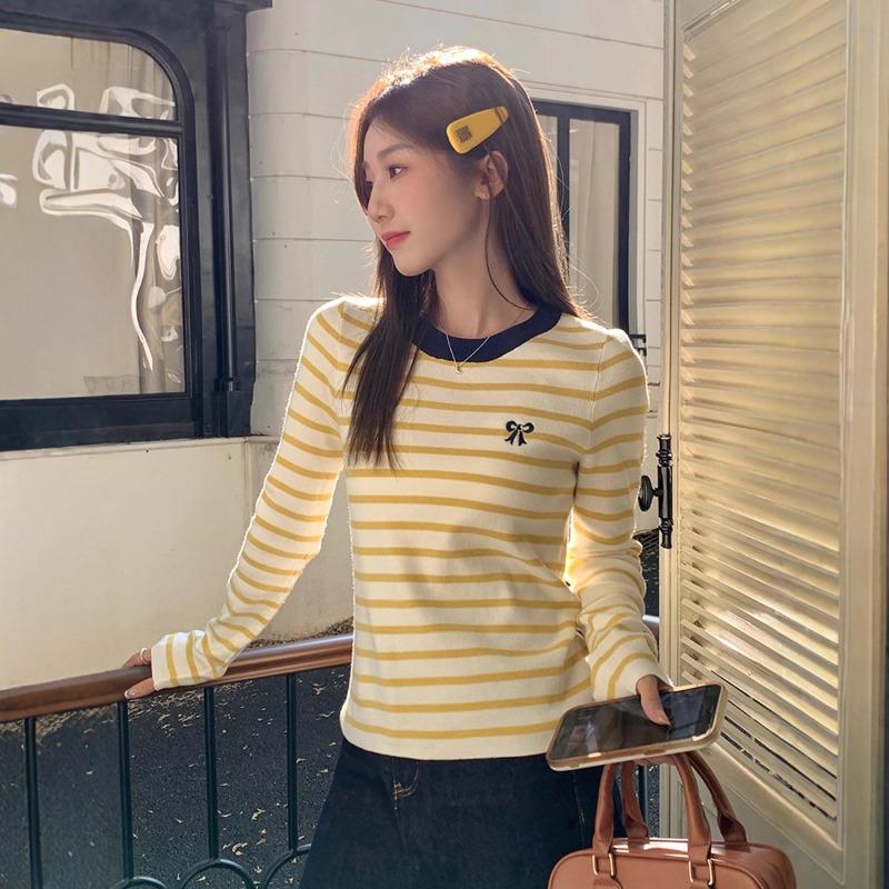 Contrasting Striped Bow Long-sleeved Knitted Sweater Women's Autumn New Slim-fit Bottoming Shirt with Top Inside