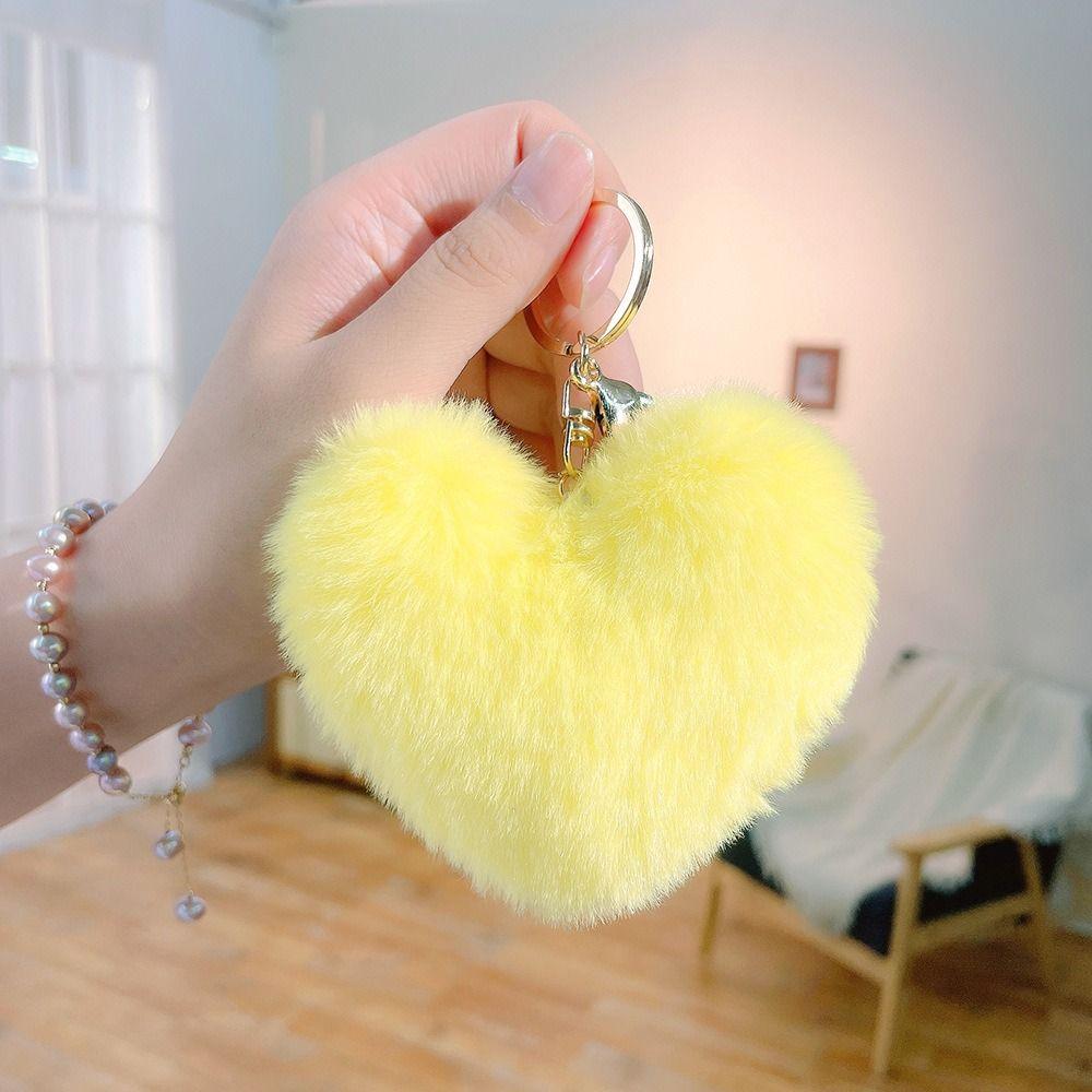 Love Heart Plush Bag Pendant Fluffy Ball Car Key Ring Imitation Rabbit Fur Solid Color Key Chain Bag Accessories