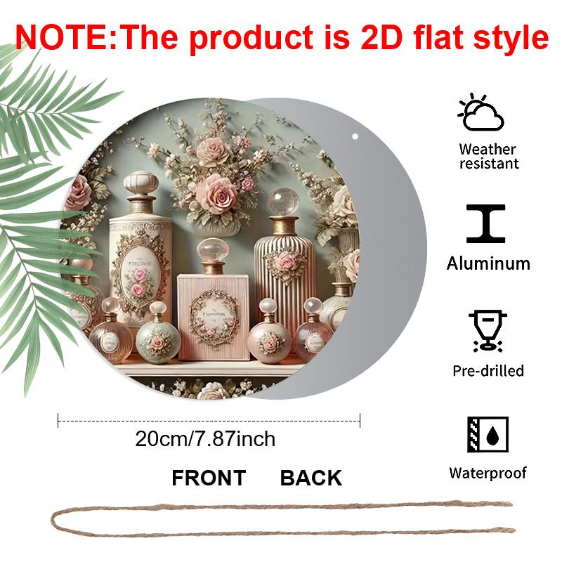 2D Flat 1pc Vintage Perfume Aluminum Sign Round Ornament - Embossed Floral Design Art, Home Office Bedroom Balcony Decor, Indoor/Outdoor Door Wall