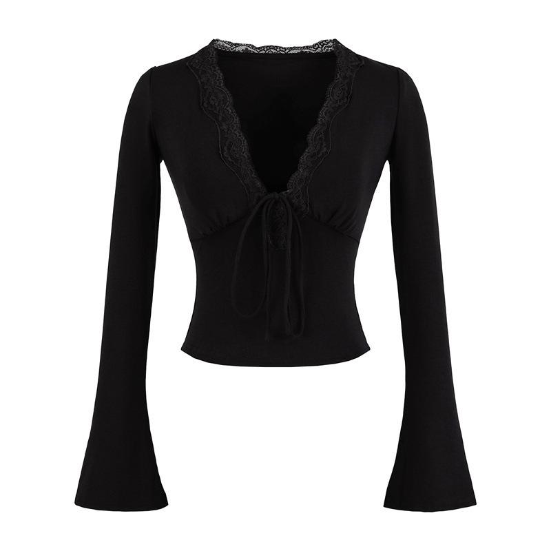 Women's Long Sleeve Lace Trim V-Neck Bell Sleeve Slim Fit Top for Autumn/Winter