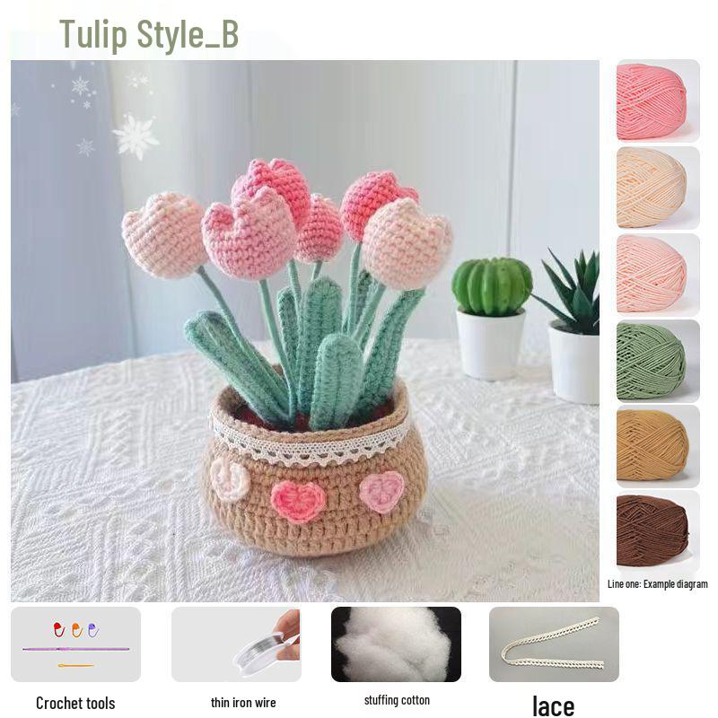Crochet Tulip & Daisy Potted Bouquet Kit - Yarn Flowers & Ornaments