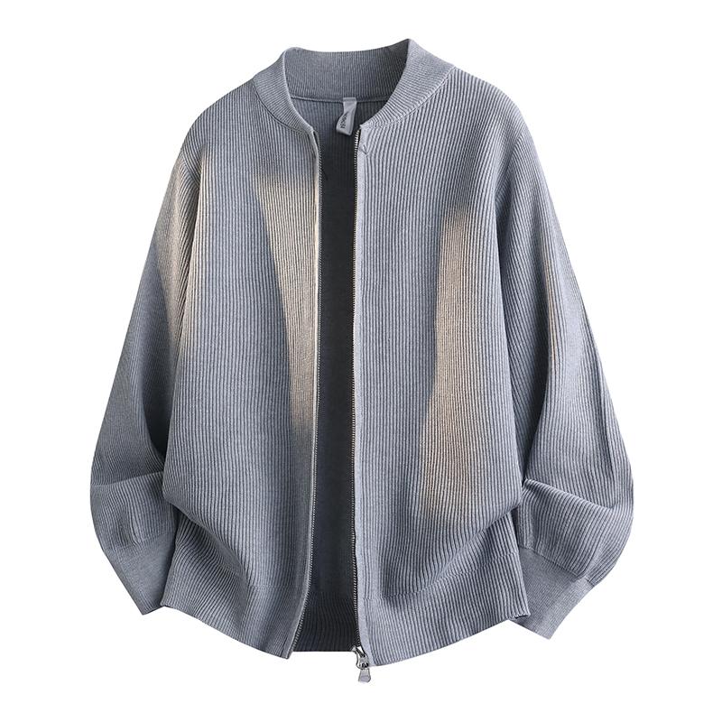 Men's Double Zip Stand Collar Knit Cardigan Korean Style Loose Casual Jacket