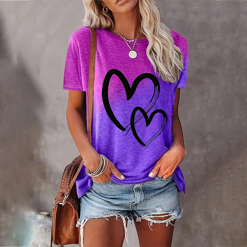 Summer Color Gradient Heart 3D Print T-shirts Women Streetwear Casual Fashion Y2k Short Sleeve T Shirt O-neck Tees Tops Clothing