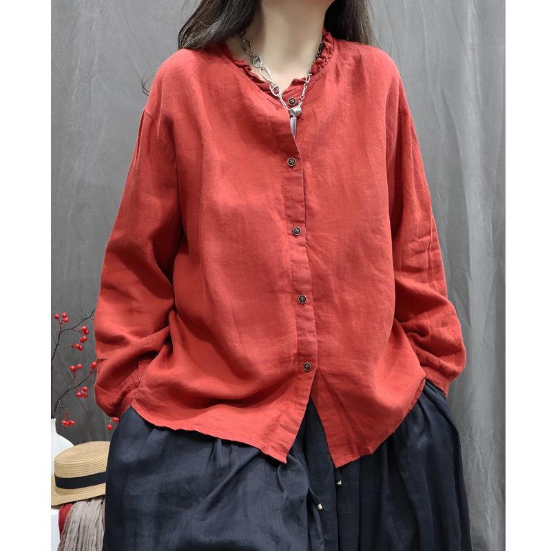 Spring 2025 Washed Cotton Linen Long Sleeve Casual Retro Loose Top