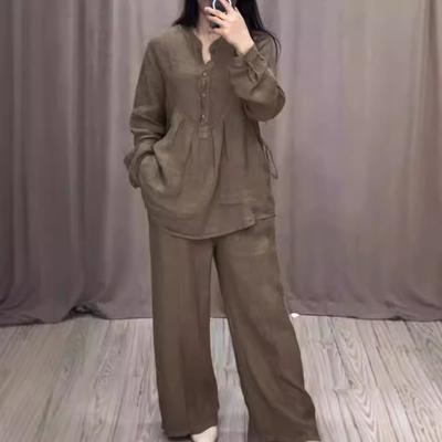 Women's Loose Fit Brown Casual Long Sleeve Button-Up Top and Wide Leg Pants Set