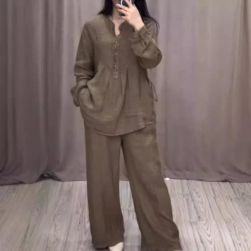 Women's Loose Fit Brown Casual Long Sleeve Button-Up Top and Wide Leg Pants Set