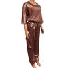 2 pezzi/set donna top pantaloni tuta raso superficie liscia mezze maniche scollo a V maglietta larga allacciatura pantaloni di colore puro con tasche signora casual tuta pantalone