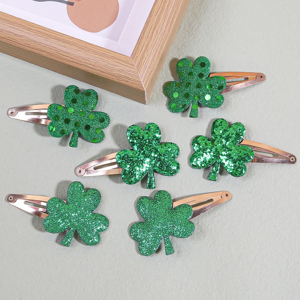 6pcs Sparkly Clover Hair Clips Girls ST'patrick's Day Hairpins Glitter Green Flower Hair Clips Children Kids Headwear