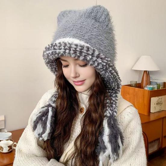 Women Hat Bear Ear Design Thickened Plush Ear Protection Hat Skiing Camping Travel Autumn Winter Headwear