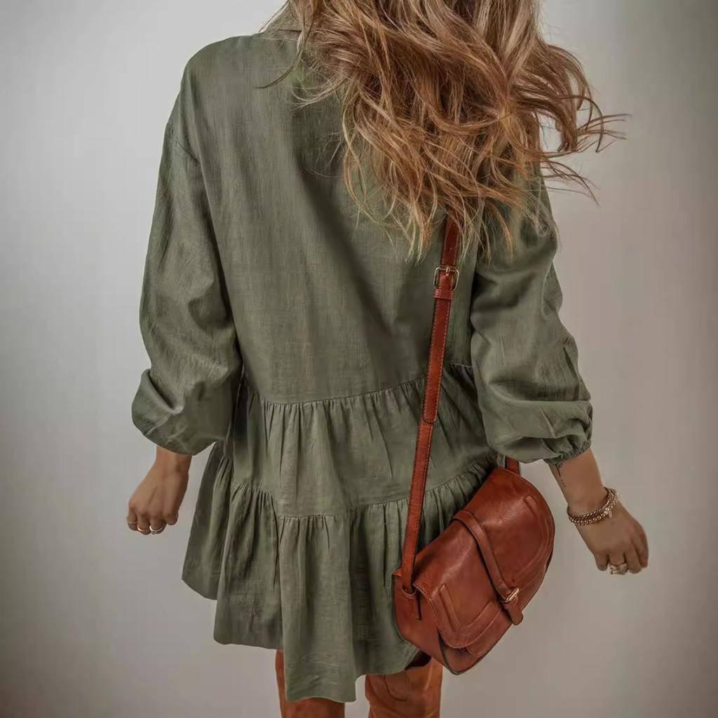 Women's Turn Down Collar Three Quarter Sleeve Shirt Dress Loose Fit Relaxed Waist Casual Tiered Mini Dress