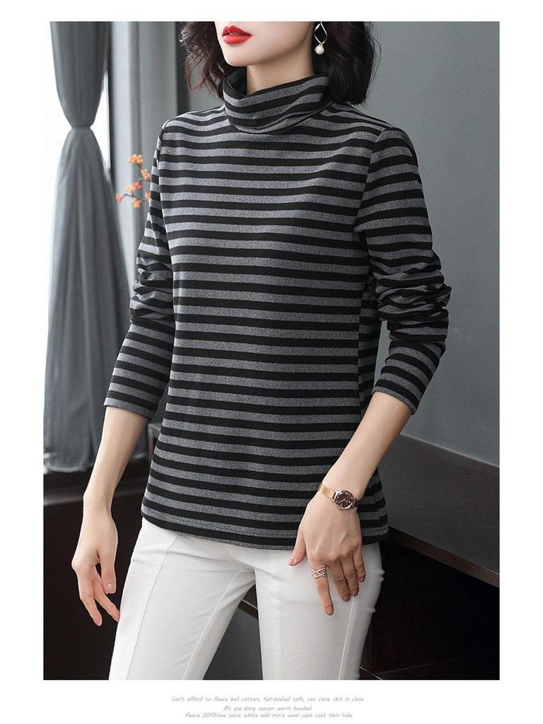 2024 Damen Übergröße Gestreiftes Samt-Oberteil mit hohem Kragen und langen Ärmeln für Herbst & Winter