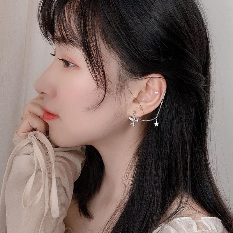 Angel Cupid, star earrings, female fringed pearl long ear clips, one pair of fairy personality single earrings.