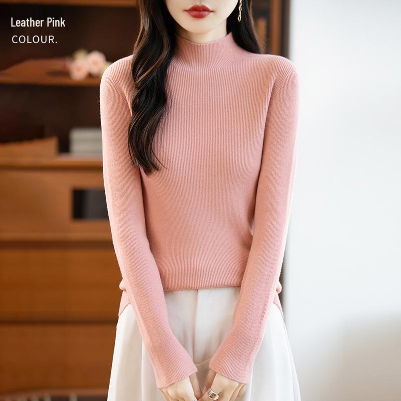 26 Autumn Winter Women's Half-High Collar Slim Knit Sweater - Korean Style