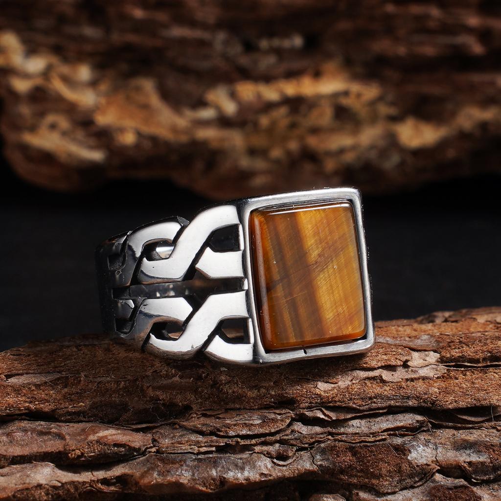 1pc Men's Vintage 316L Stainless Steel Ring with Natural Tiger's Eye Stone Turquoise- Intricate Detailing, Unisex Jewelry