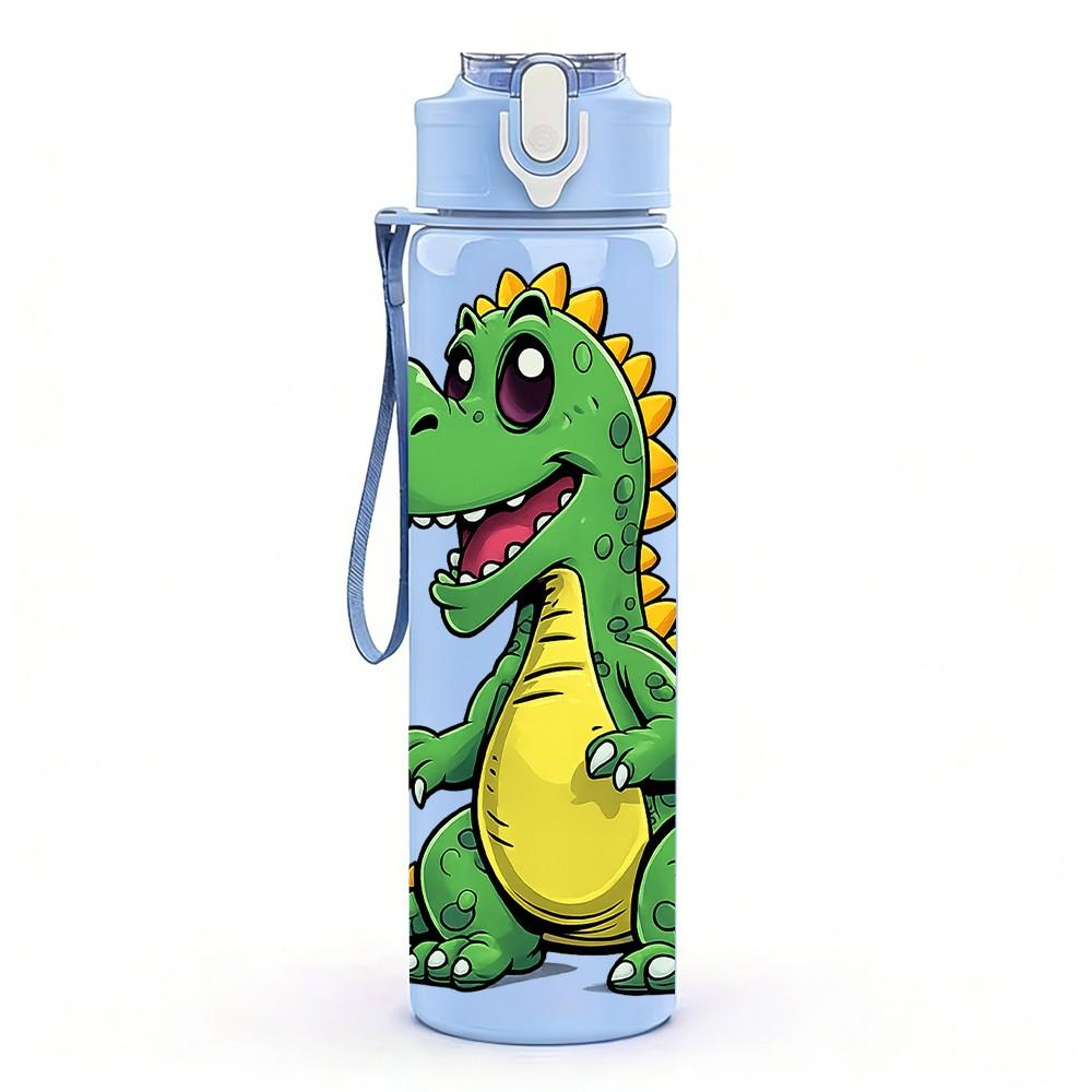1PC Cute Green Dinosaur Cartoon Print 750ml Color Plastic Sports Water Bottle Leakproof Flip Straw Lid Suitable for Sports Office Home Use