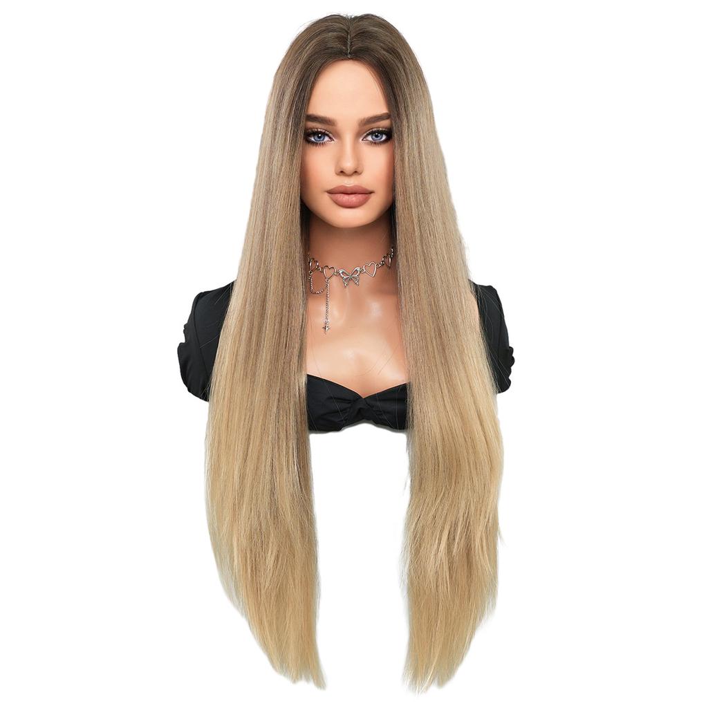 Women’s Extra Long Straight Blonde Wig Middle Part Nordic Ombre Color European and American Style Synthetic Full Wig