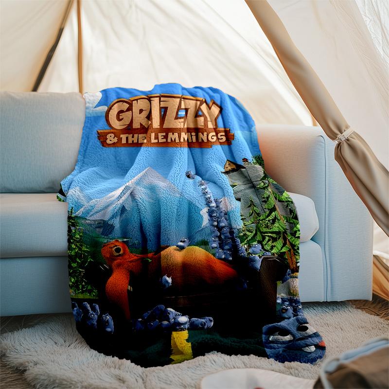 1 Stück Grizzy The Lemmings1 Thema Decke - Digitaldruck, Polyester, Gemütlich für alle Jahreszeiten, Perfekt für Draußen, Camping und Reisen