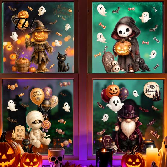 Outdoor Balcony Scene Setting 4Pcs Halloween Cartoon Window Clings, Pumpkin Ghost Scarecrow Stickers, Decorative Glass Decals for Party