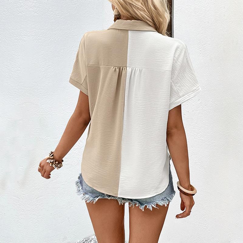 Women Summer Polo Collar Short Sleeve Contrast Shirt Single Breasted Loose Blouses Tops