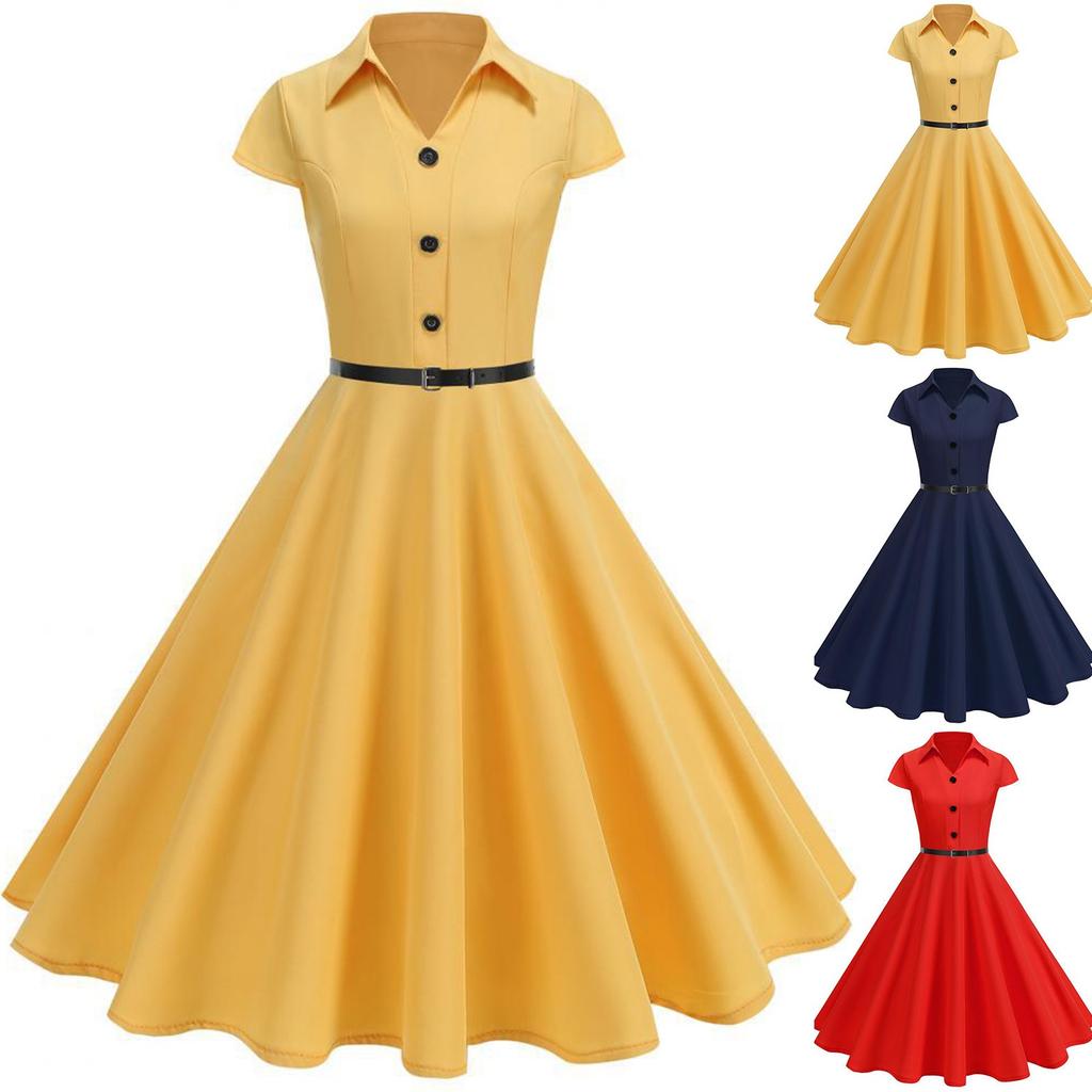 Damen Einfarbiges Hemdkragen Französisches Retro Kleid