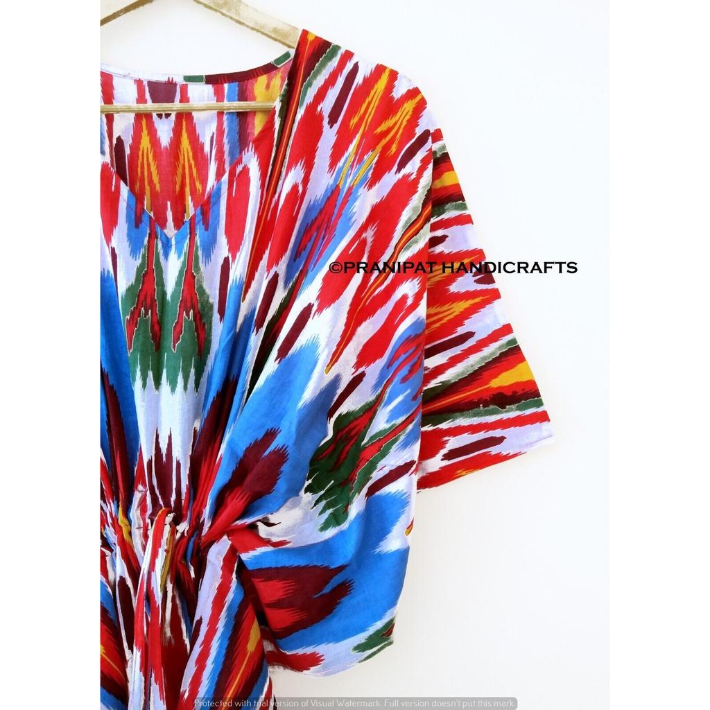 Women Hippie Cotton Summer Sleepwear Ikat Print Multi Long Maxi Caftan Dress CKFTN-SCRN-FULL-BUYIT-102