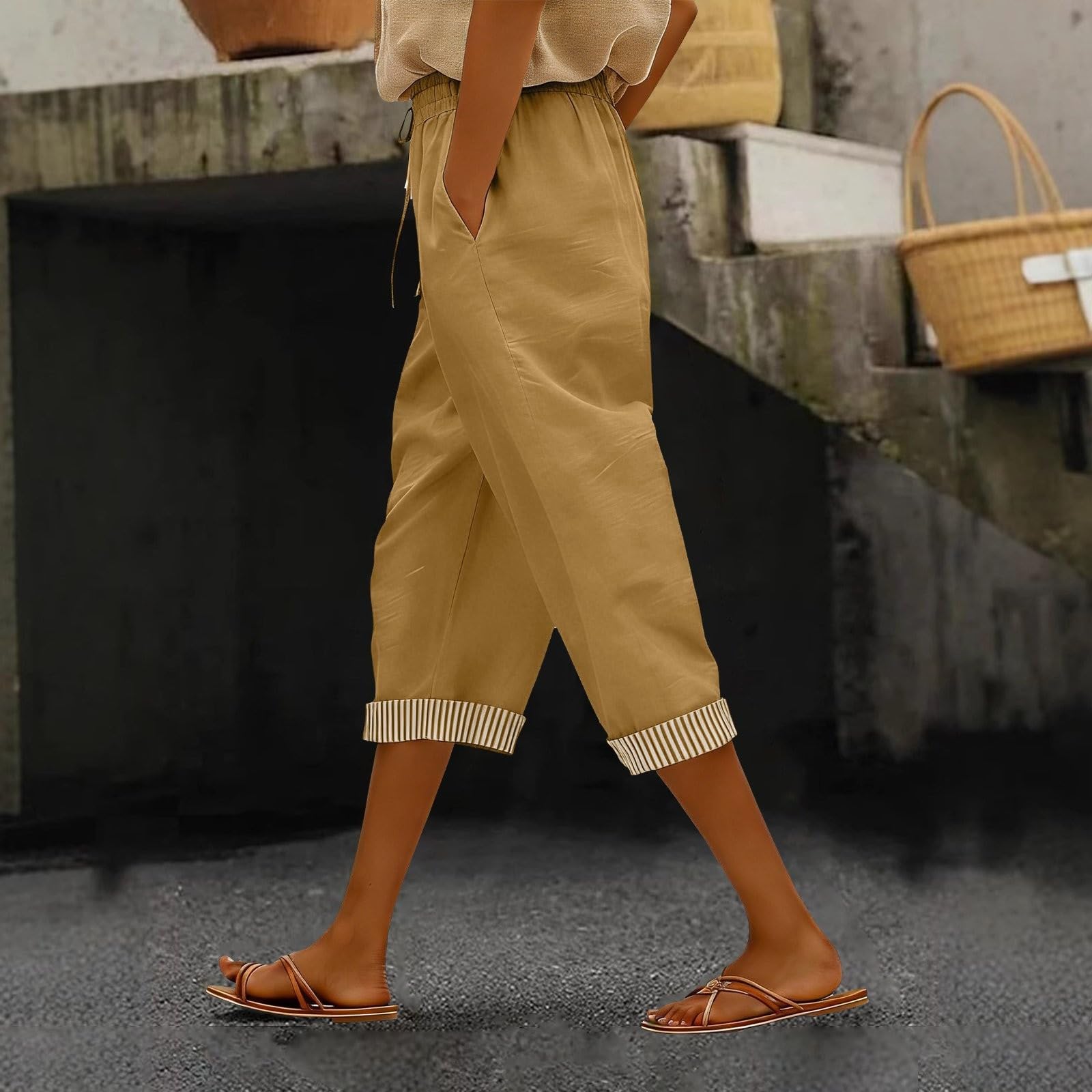 

Жіночі Еластичні Штани з Високою Талією Повсякденного Кроєння Широкі Довгі Штани З Кишенями M хакі