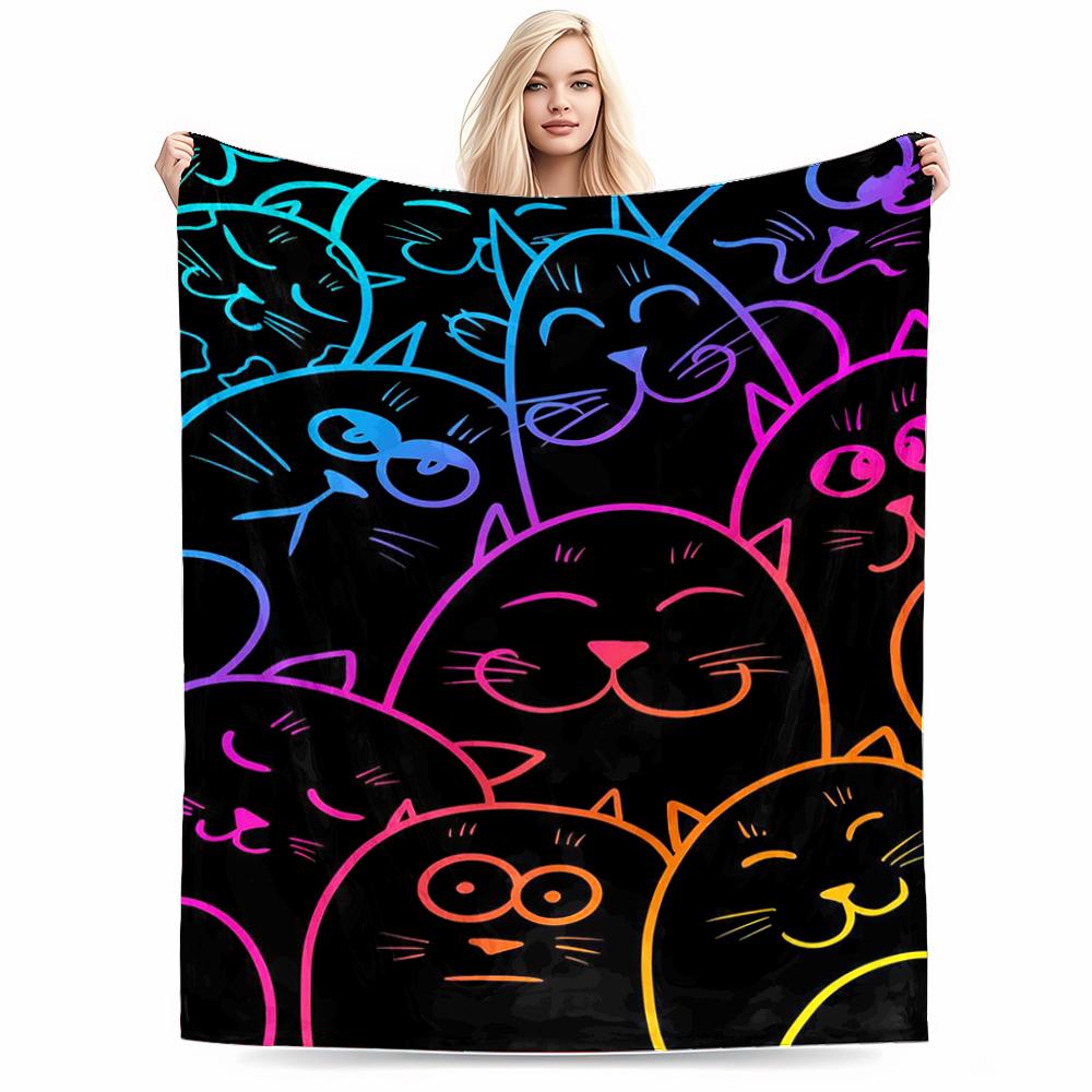 Vibrant Neon Cat Faces Pattern Flannel blanket for bedroom, living room, sofa, and nap