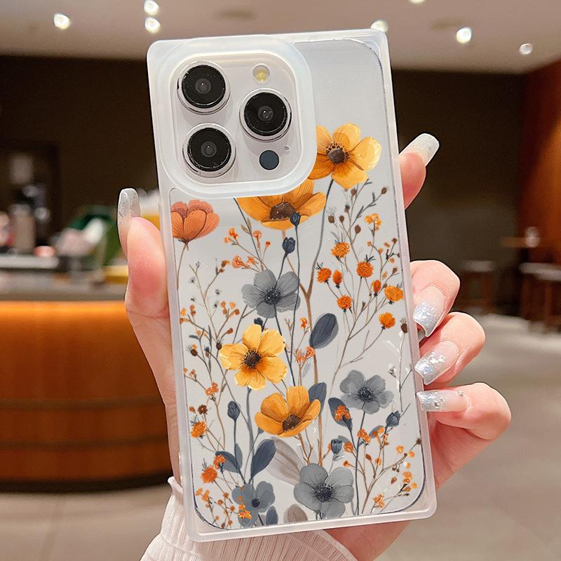 Frosted Square Transparent Phone Case for iPhone 16 Pro 15 14 Plus 13 12 Pro Max 11 Tree Leaves Floral Pattern Tpu Soft Shockproof Slim Cover