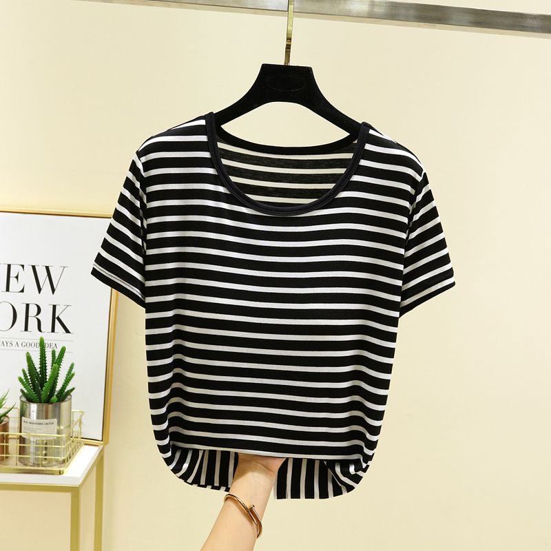 

Модальные полоски Летний тонкий Модный круглый вырез Короткие рукава Black L (Recommendation 50.00 kg-60.00 kg