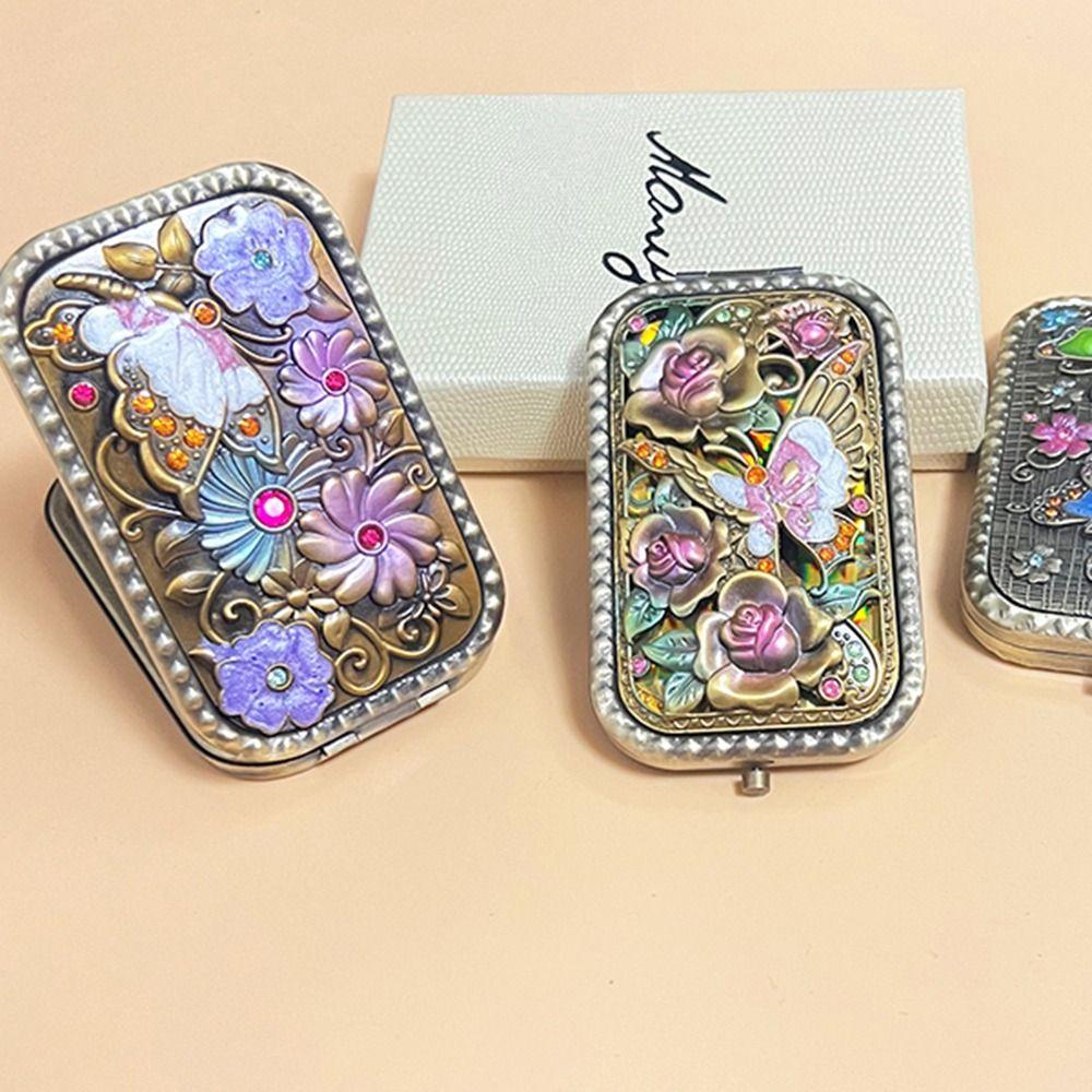 Retro Compact Pocket Mirror Square Cosmetic Folding Mirror Vanity Mirror Makeup Mirror  Women